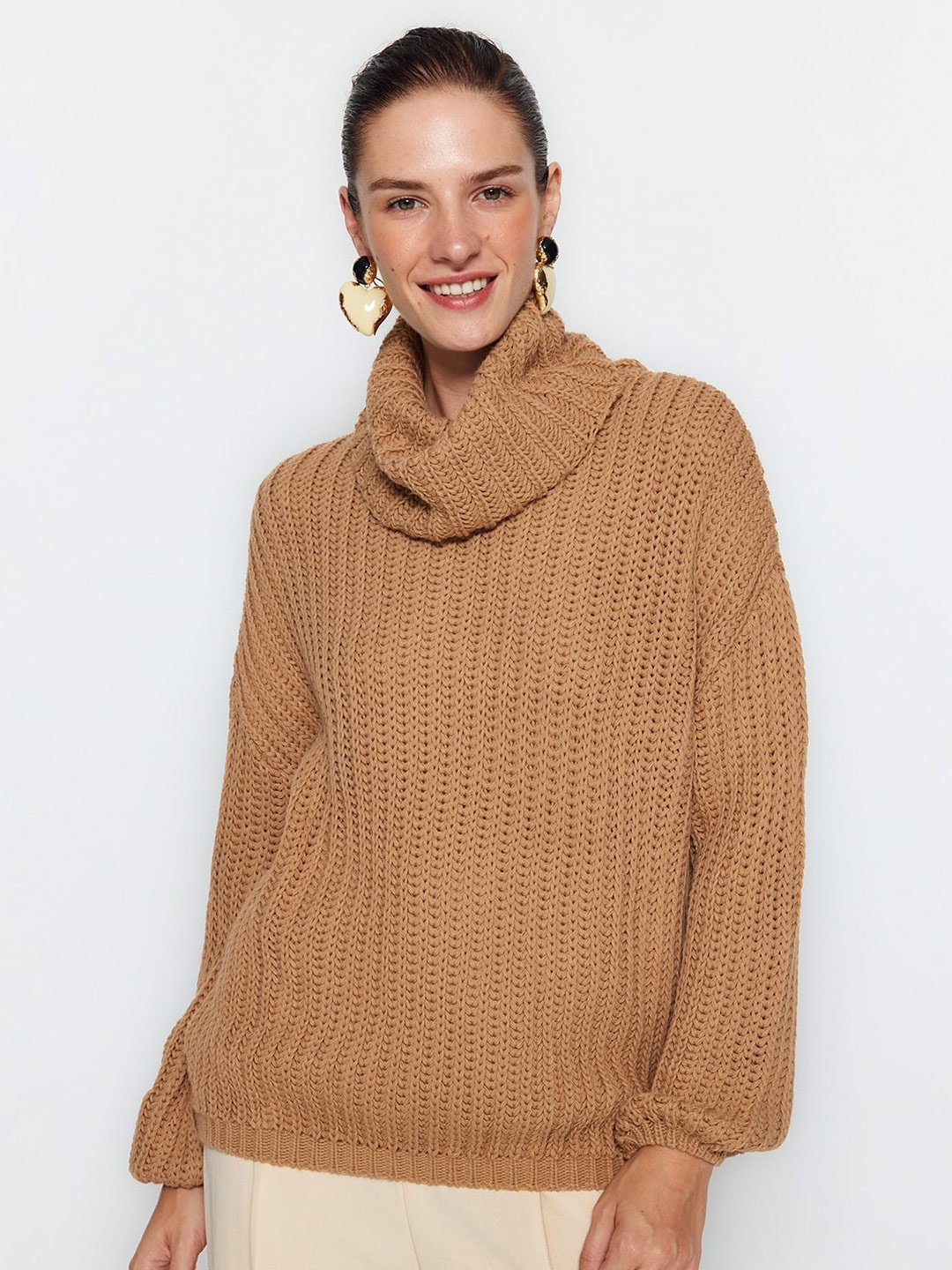 

Trendyol Cable Knit Self Design Turtle Neck Acrylic Pullover Sweater, Camel brown