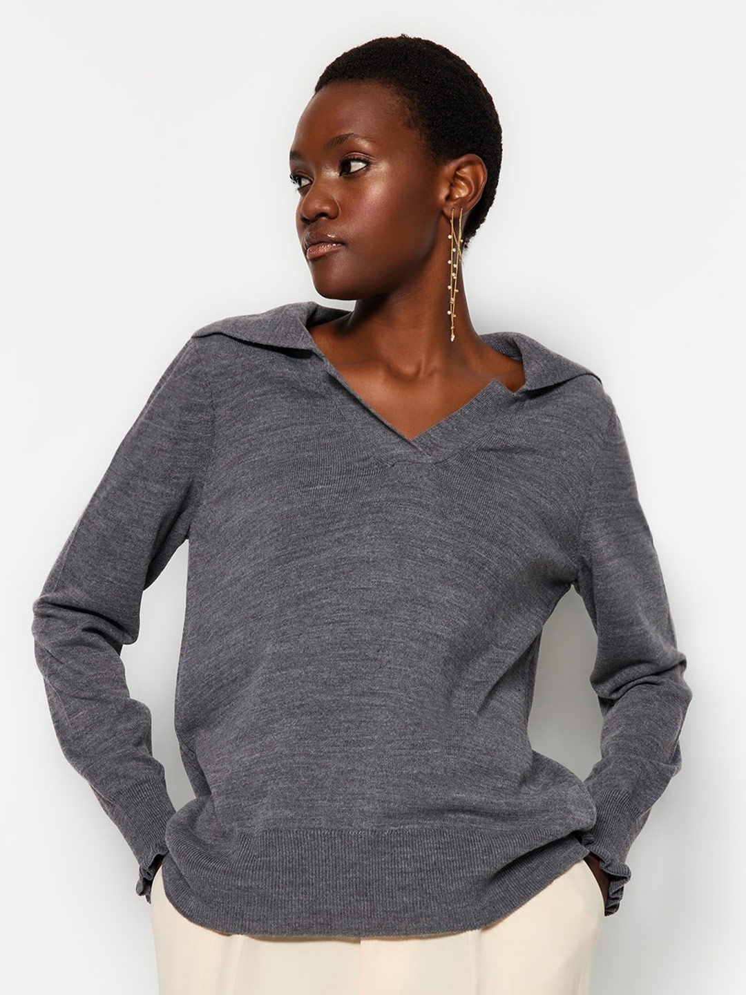 

Trendyol Shirt Collar Acrylic Pullover, Grey