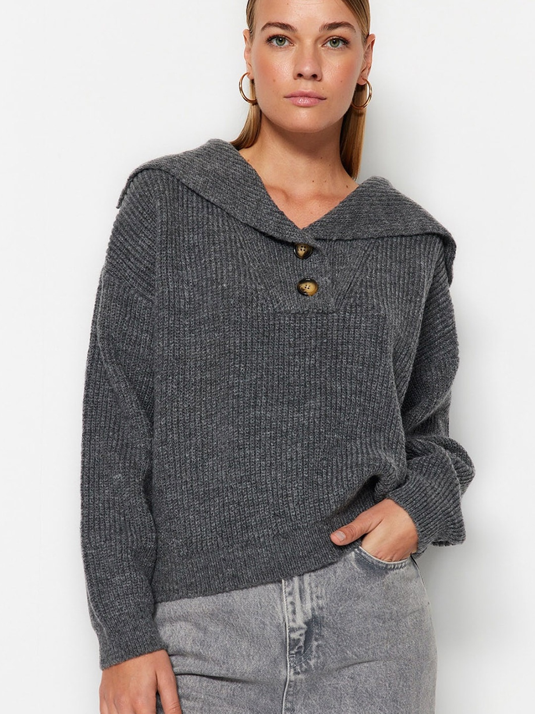 

Trendyol Shawl Collar Pullover, Grey