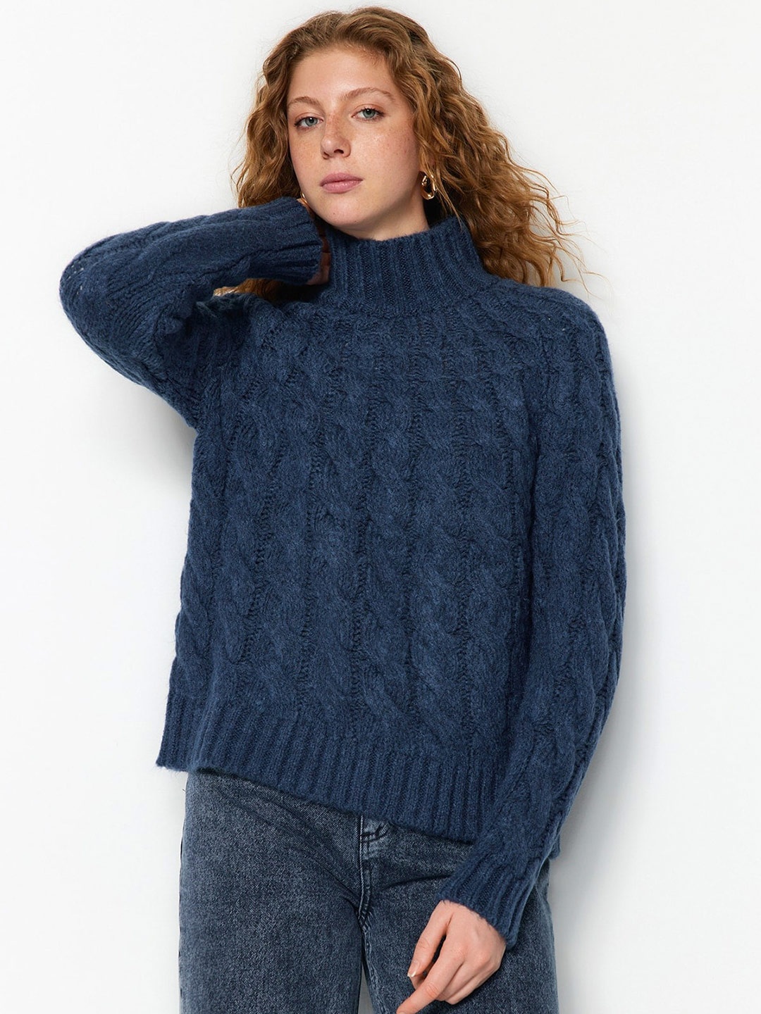 

Trendyol Cable Knit Self Design Pullover Sweater, Blue