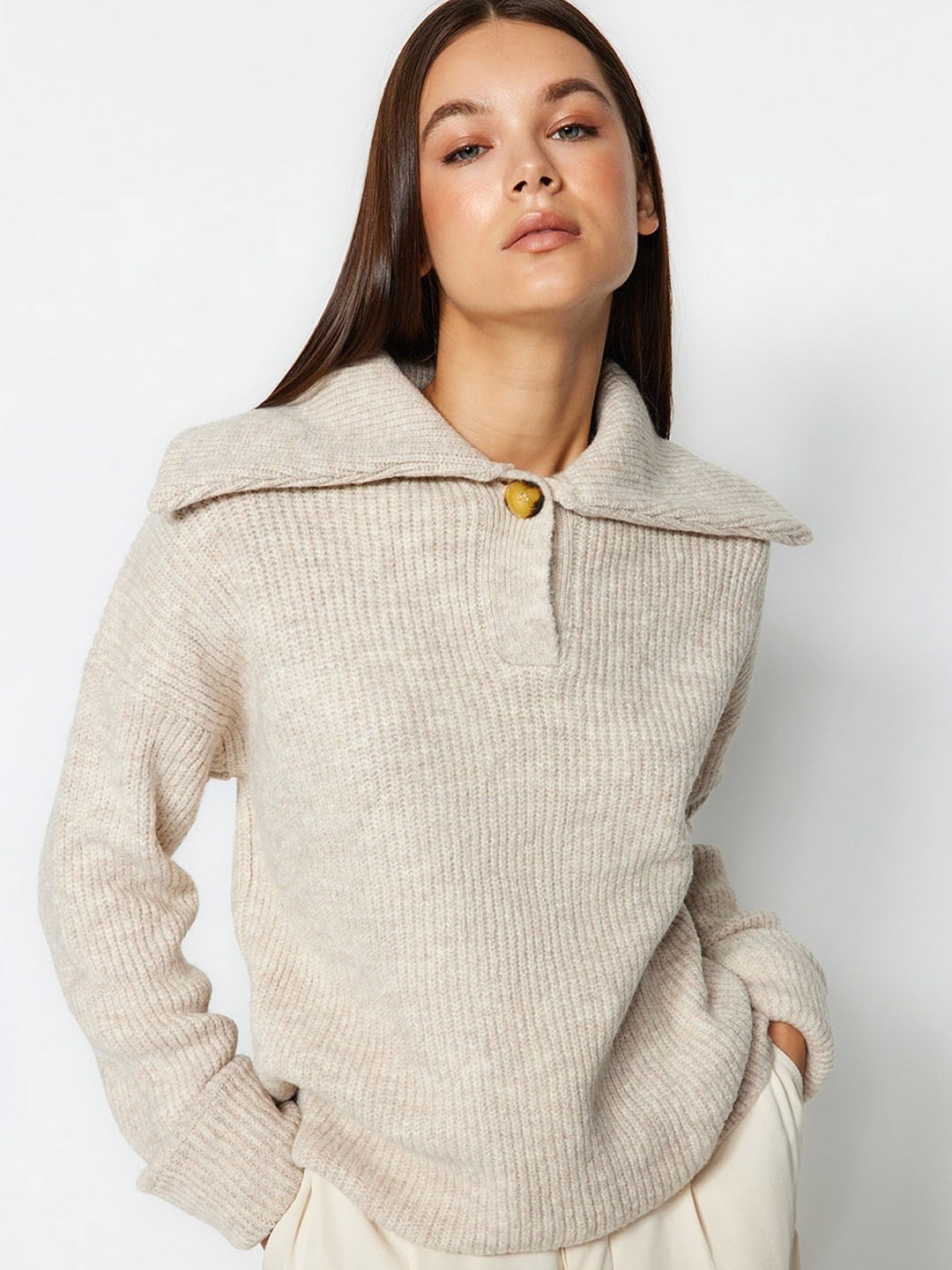 

Trendyol Self Design Shawl Collar Pullover Sweaters, Beige