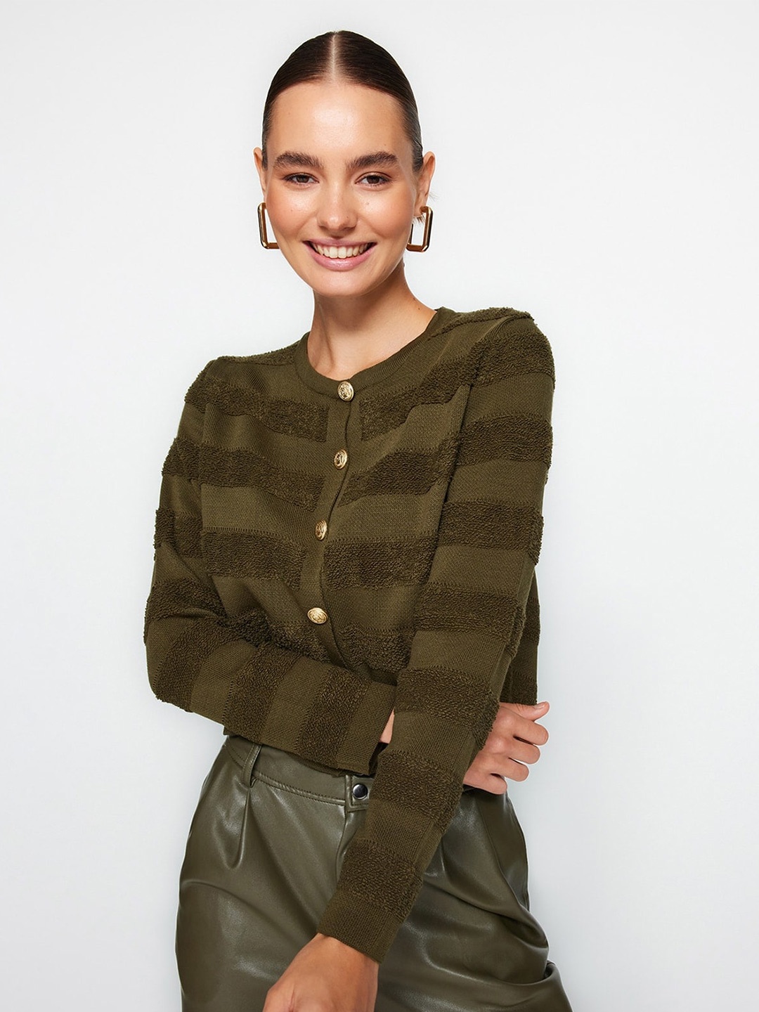 

Trendyol Striped Acrylic Cardigan Sweater, Brown