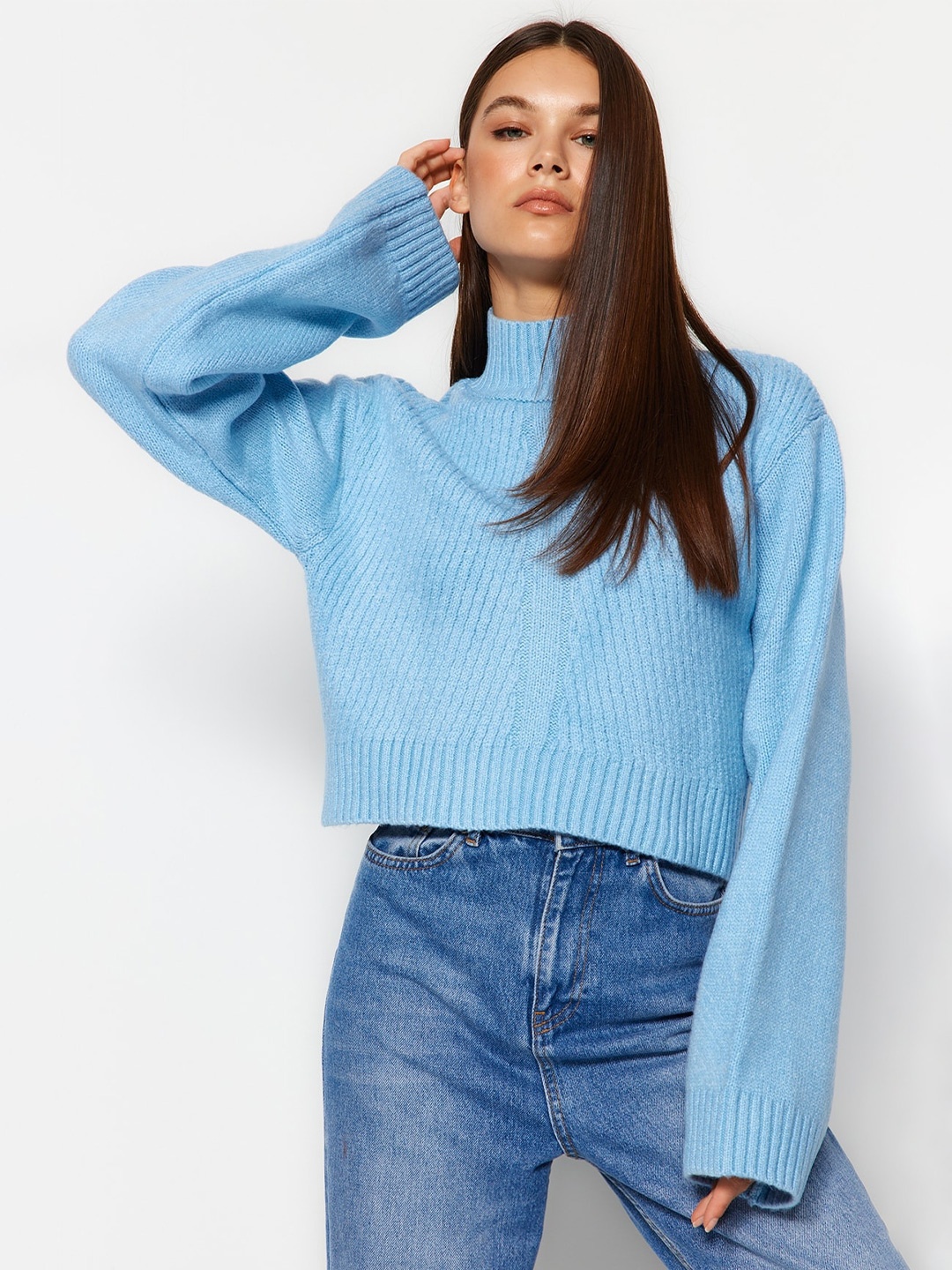 

Trendyol Ribbed High Neck Pullover, Blue