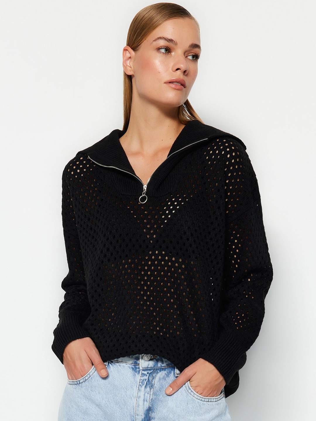 

Trendyol Open Knit Acrylic Pullover Sweaters, Black