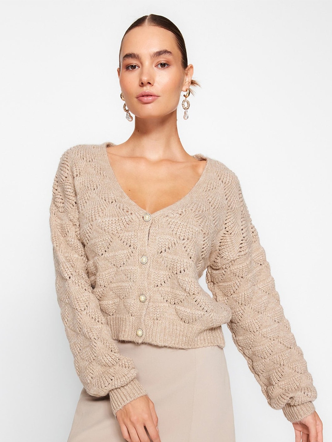 

Trendyol Open Knit Crop Front-Open Sweaters, Brown