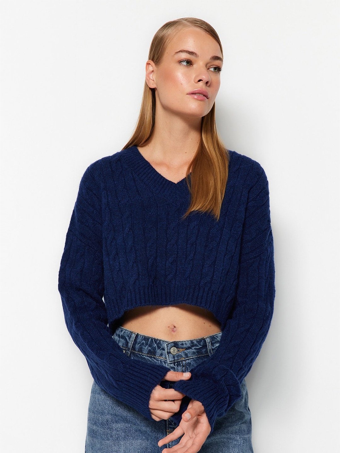 

Trendyol Cable Knit Crop Pullover, Blue