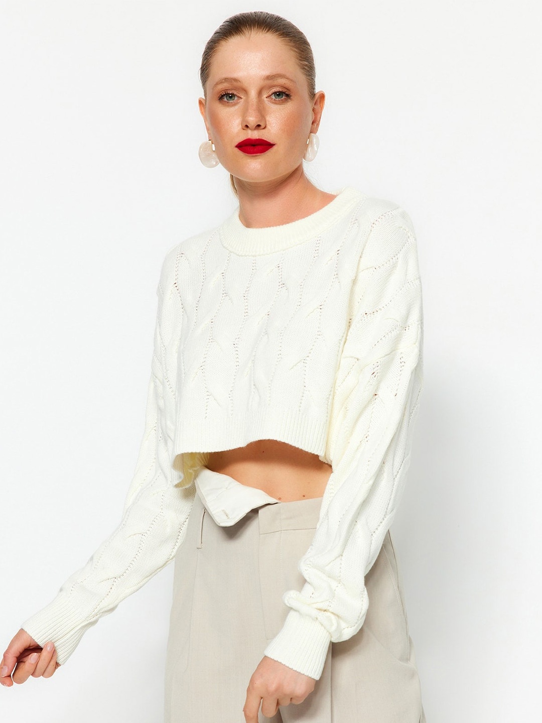 

Trendyol Cable Knit Acrylic Crop Pullover Sweater, Cream