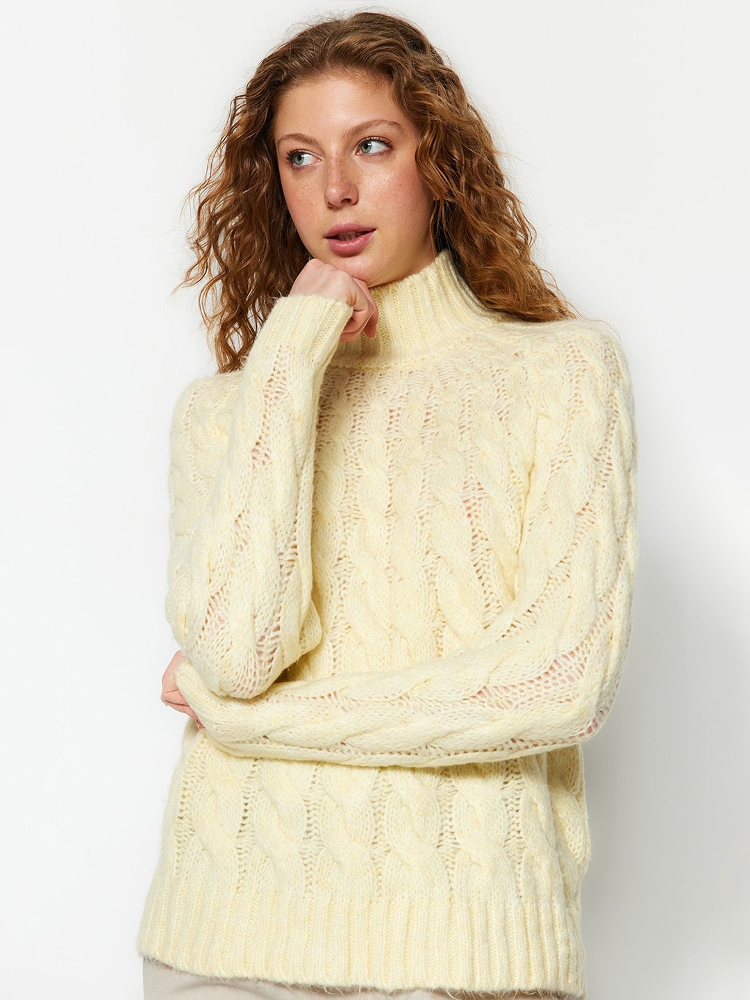 

Trendyol Cable Knit High Neck Pullover Sweater, Yellow