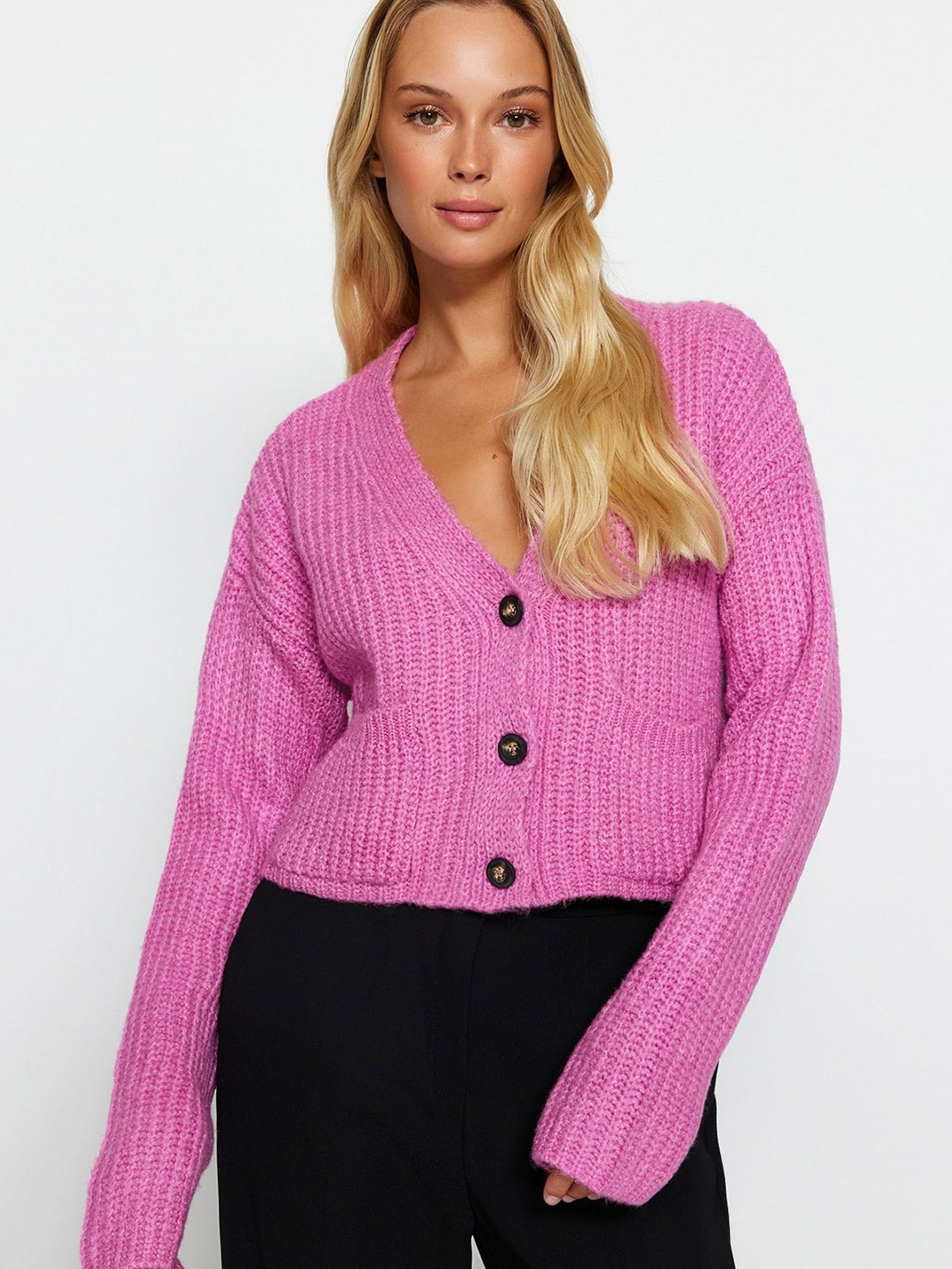 

Trendyol Self Design V-Neck Cardigan, Pink