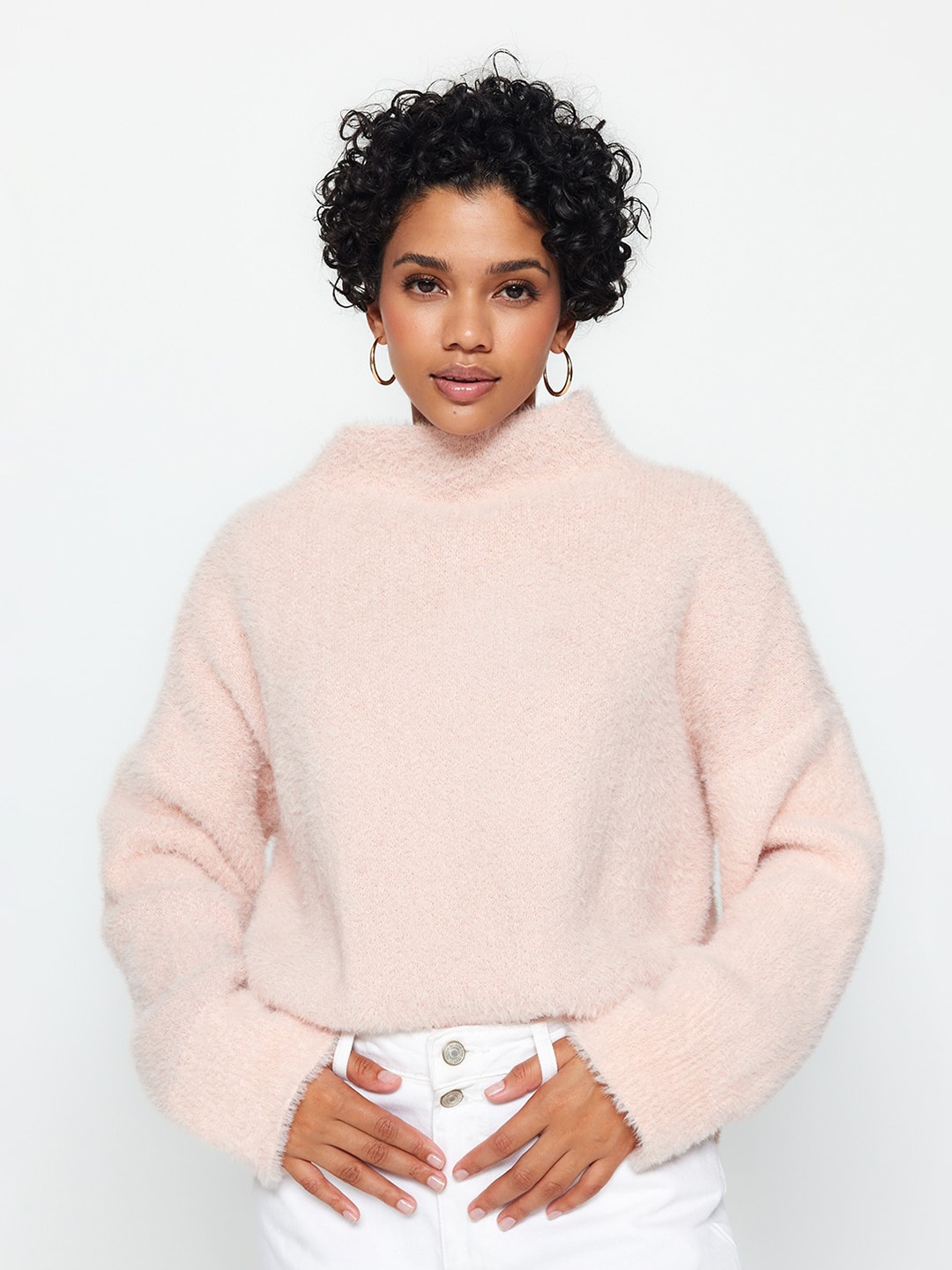 

Trendyol Self Design Mock Collar Pullover Sweater, Pink