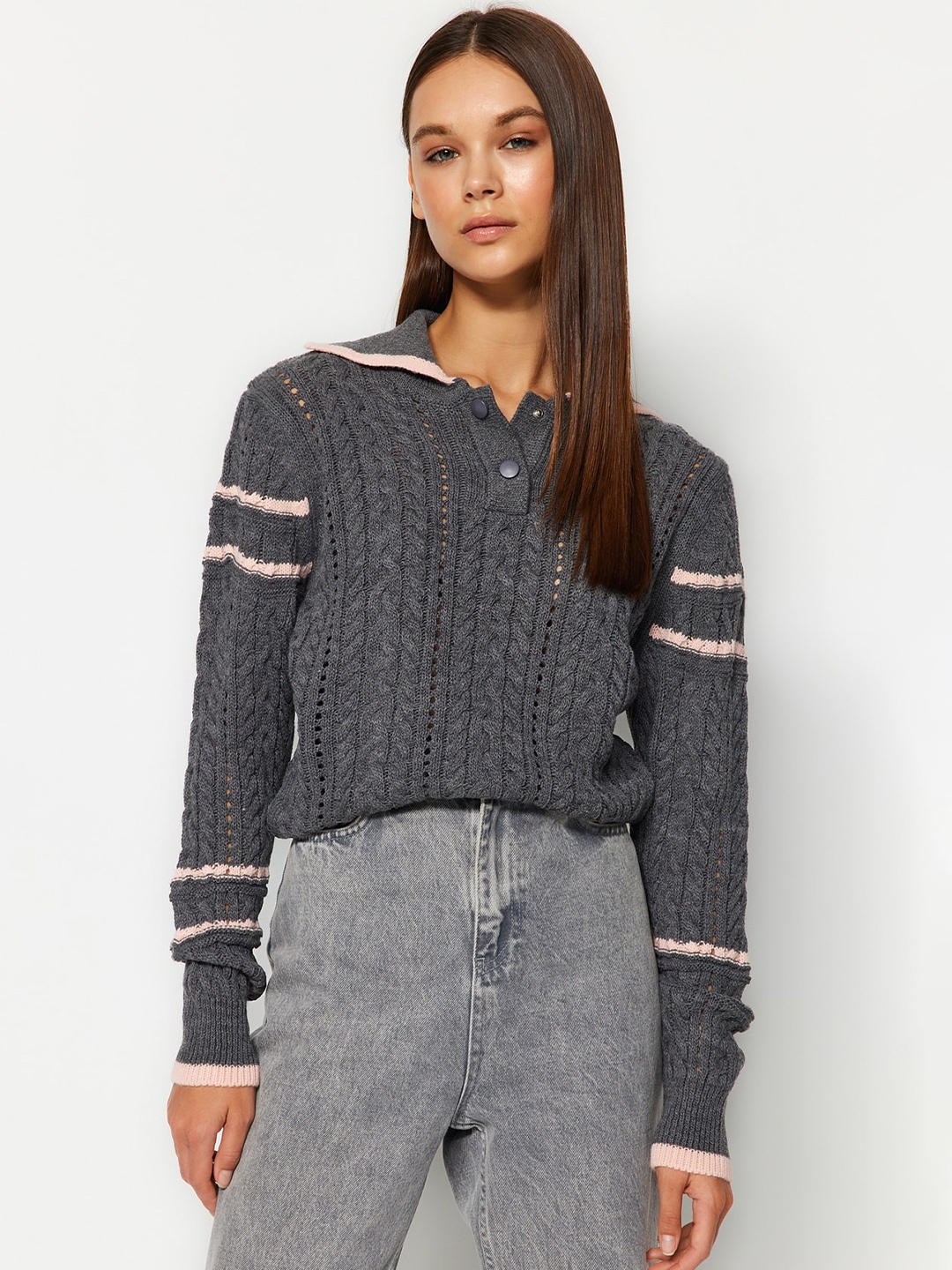 

Trendyol Self Design Cable Knit Acrylic Pullover, Grey
