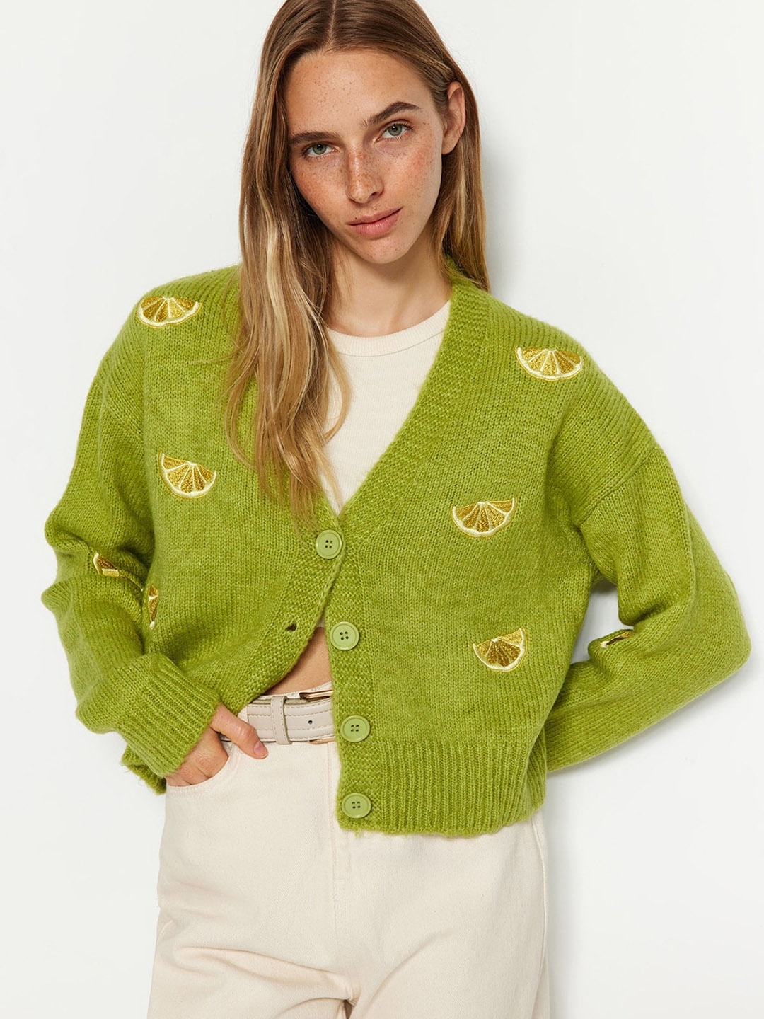 

Trendyol Embroidered Detail V-Neck Acrylic Crop Cardigan, Green