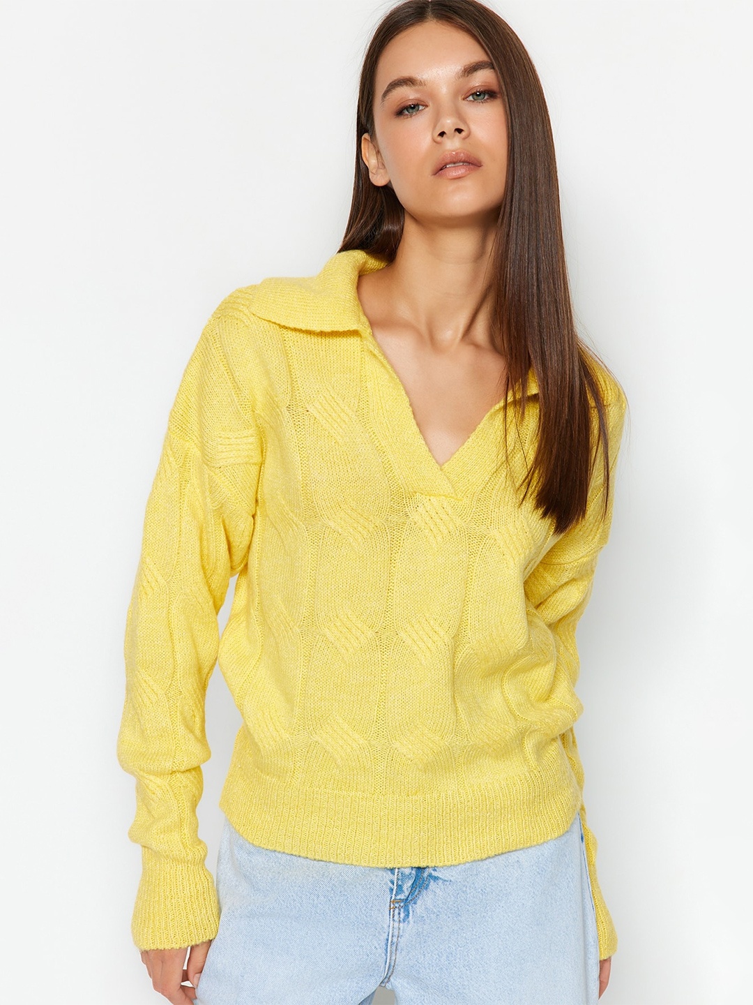 

Trendyol Shirt Collar Cable Knit Pullover Sweaters, Yellow