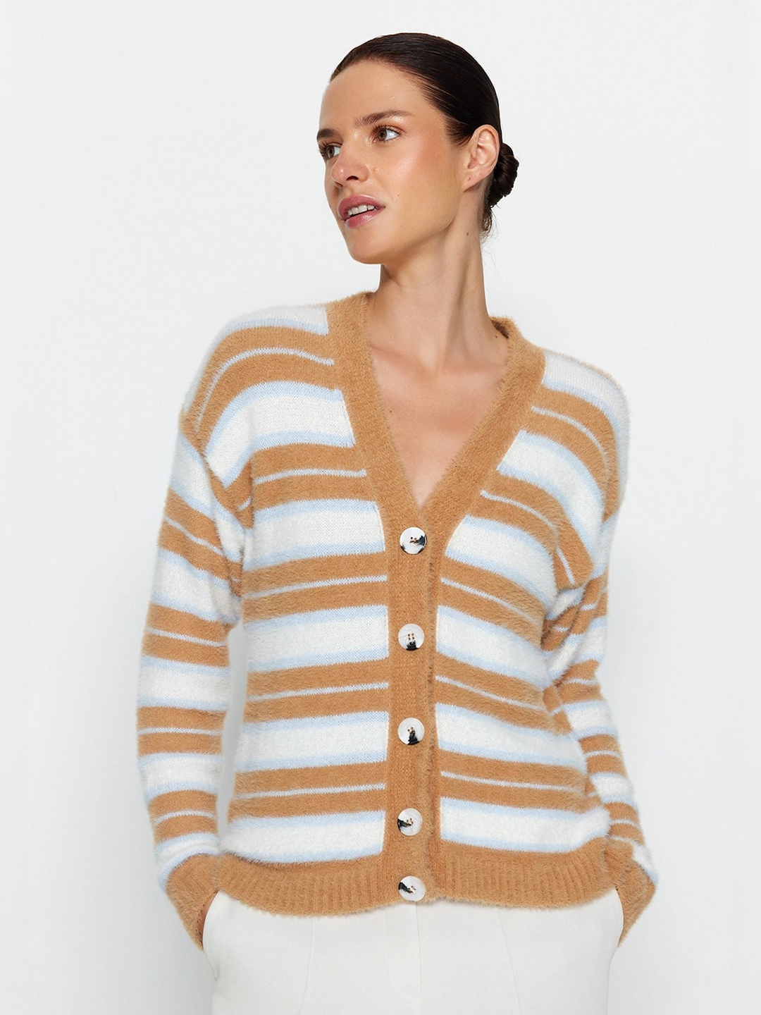 

Trendyol Striped V-Neck Cardigan, Brown