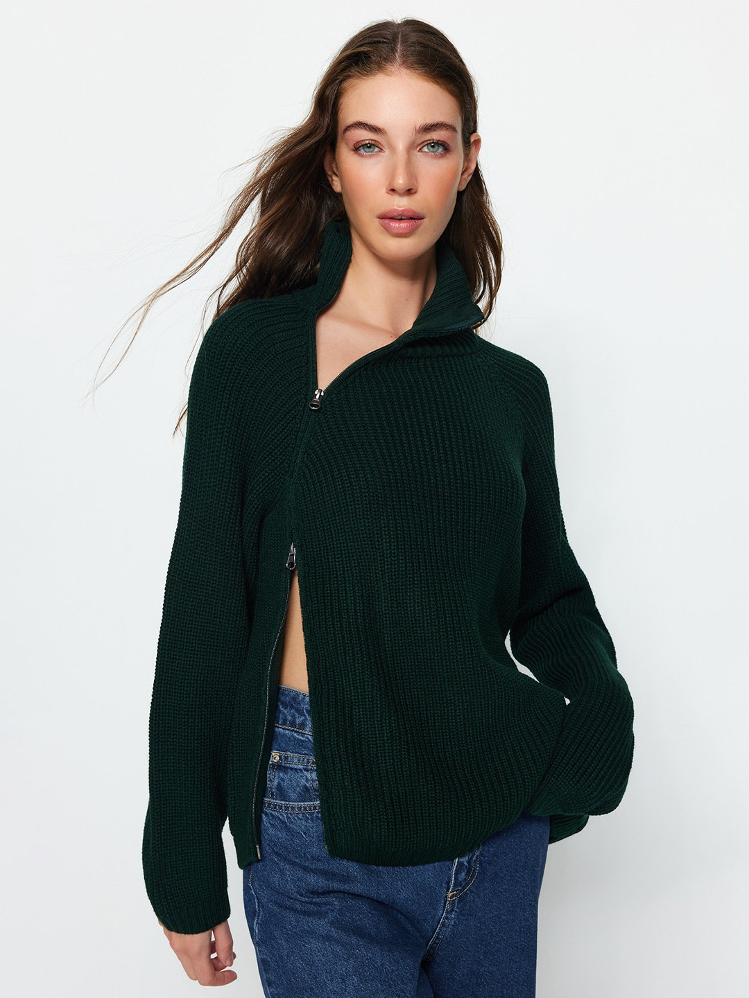

Trendyol Ribbed Mock Collar Acrylic Cardigan, Green