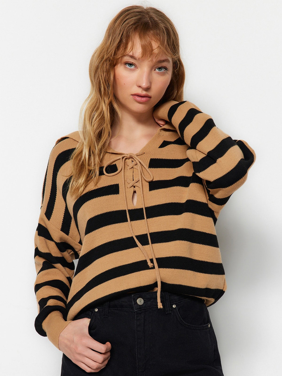 

Trendyol Striped Acrylic Pullover Sweaters, Black