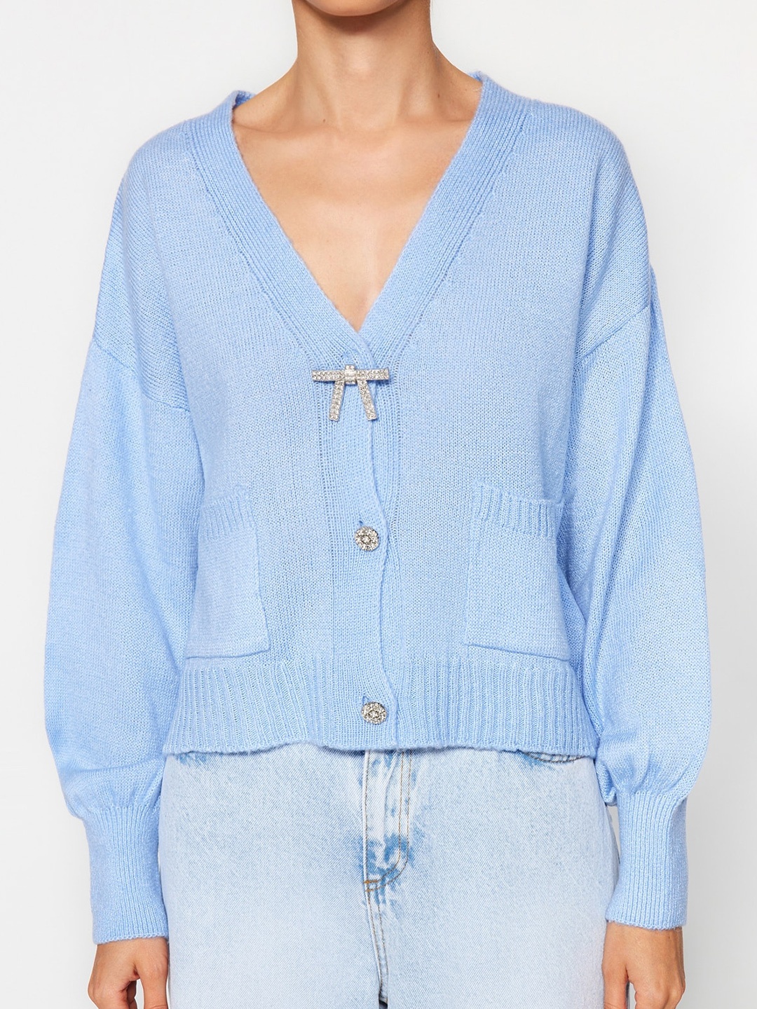 

Trendyol V-Neck Acrylic Crop Cardigan, Blue