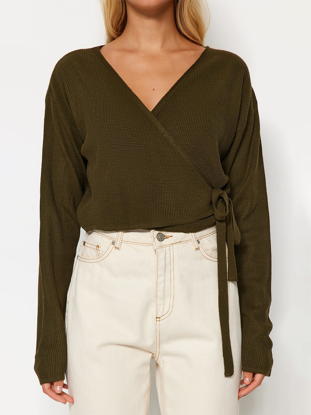 

Trendyol V-Neck Tie Ups Ribbed Acrylic Pullover, Green