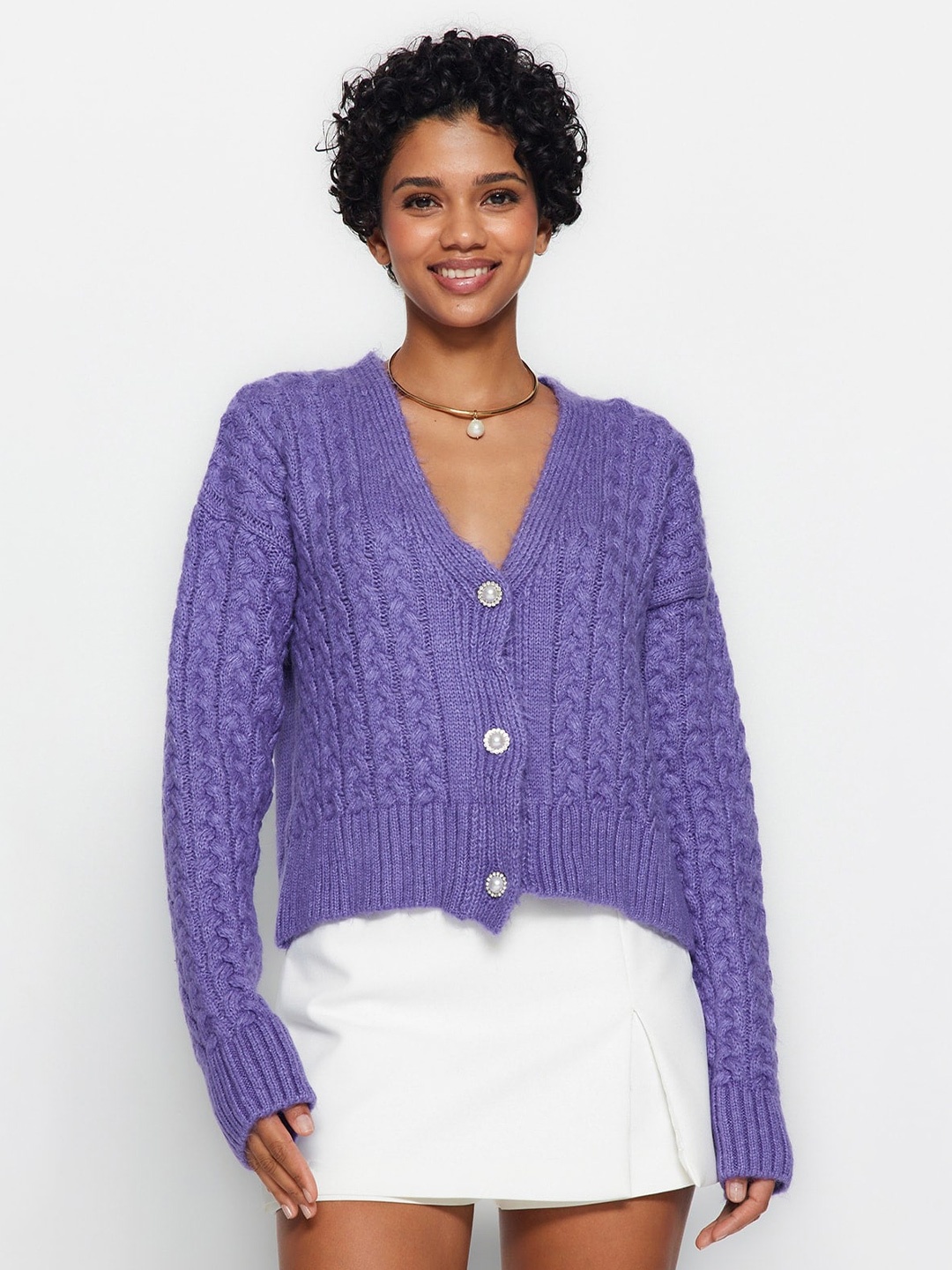 

Trendyol Cable Knit Acrylic Cardigan, Violet