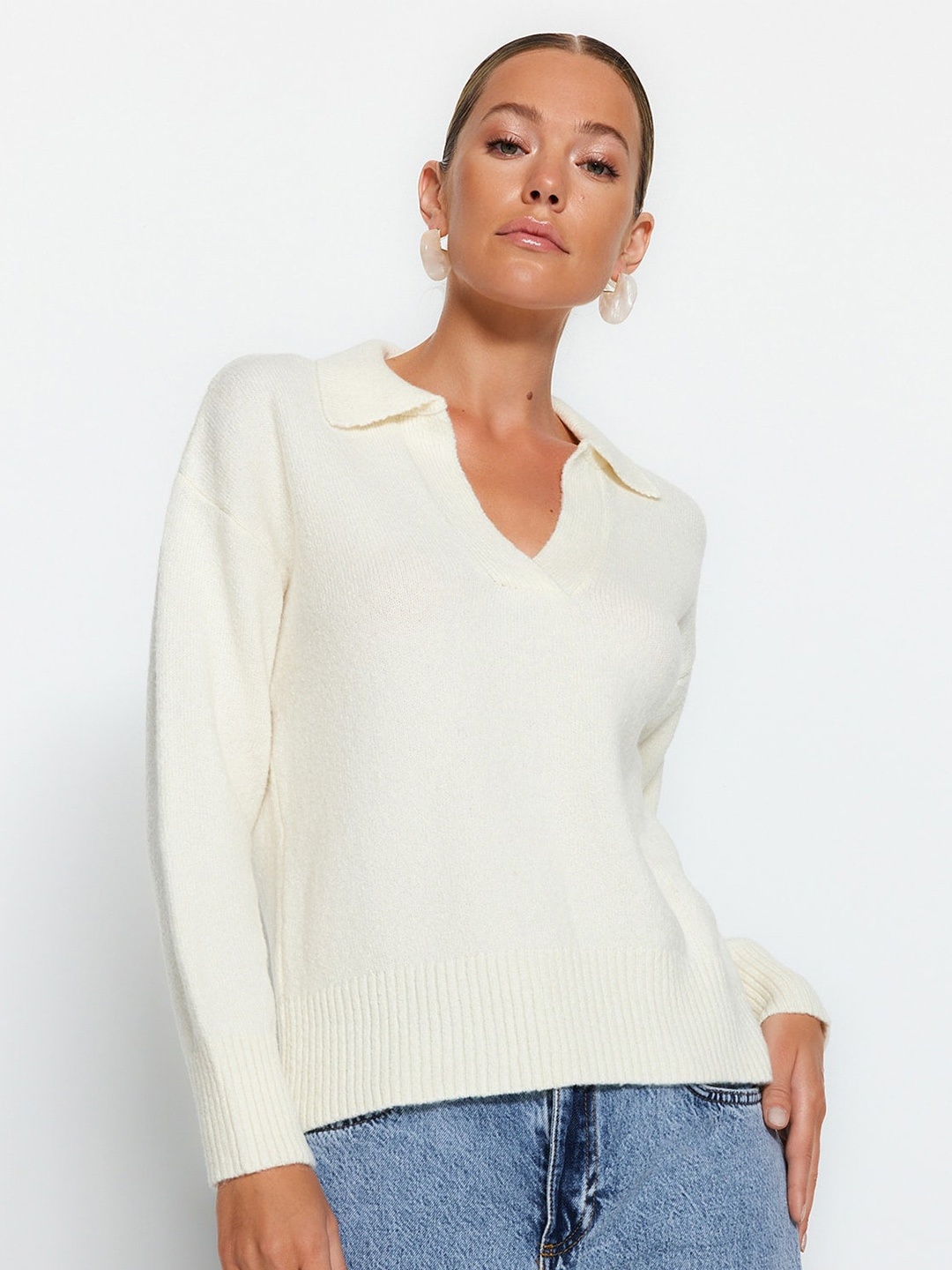 

Trendyol Shirt Collar Ribbed Pullover, Cream