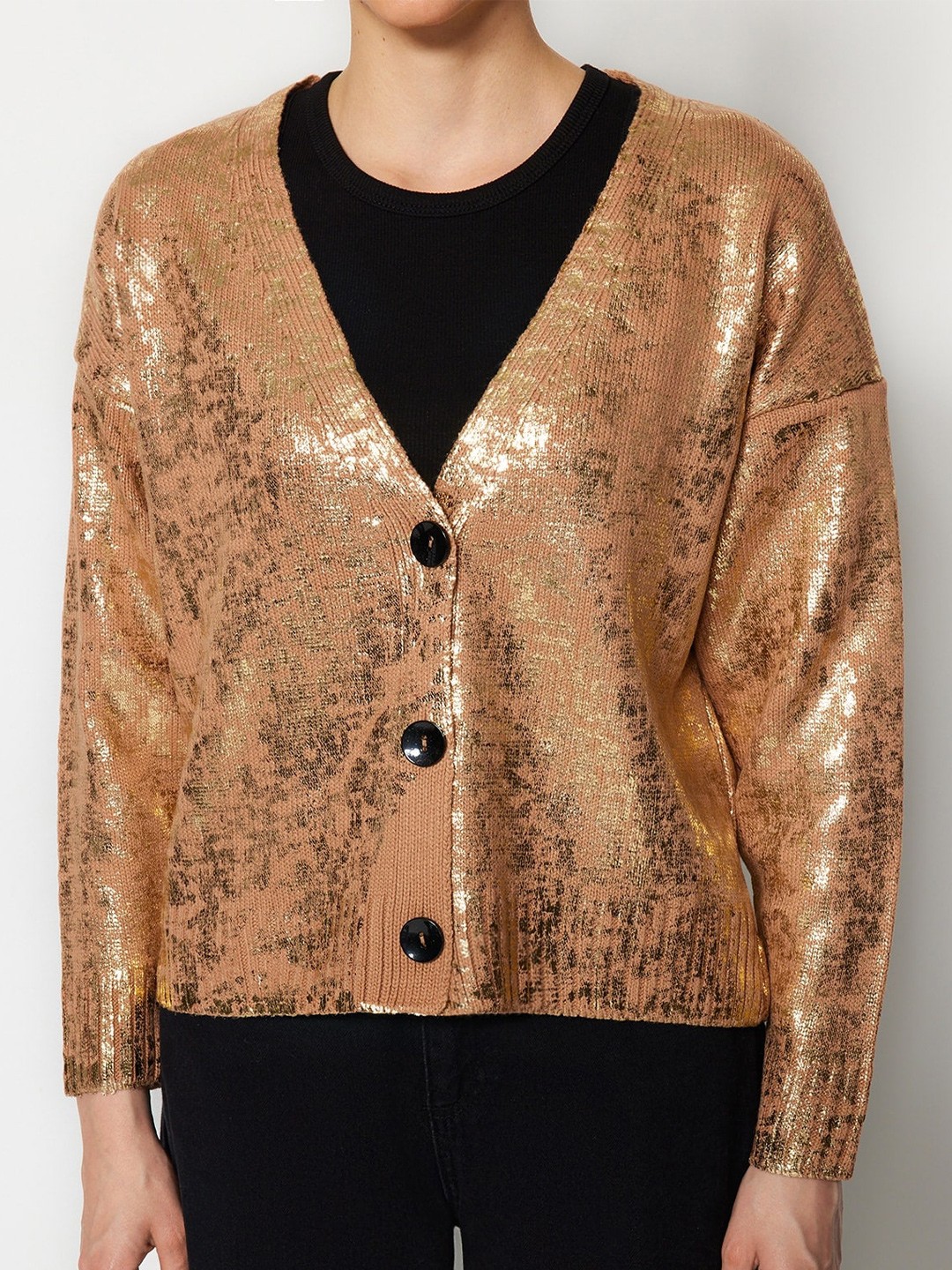 

Trendyol Abstract Printed V-Neck Ribbed Acrylic Cardigan, Brown