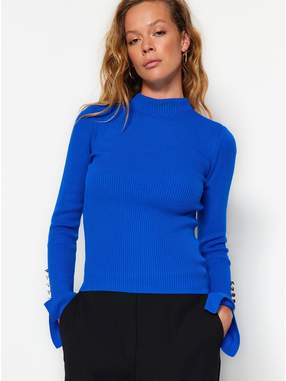 

Trendyol Ribbed High Neck Pullover Sweater, Blue