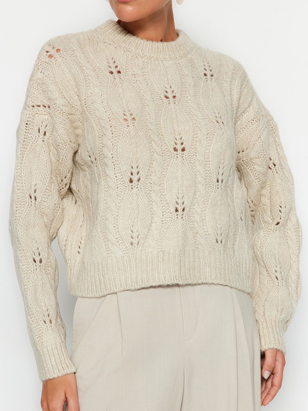 

Trendyol Open Knit Long Sleeves Pullover, Beige