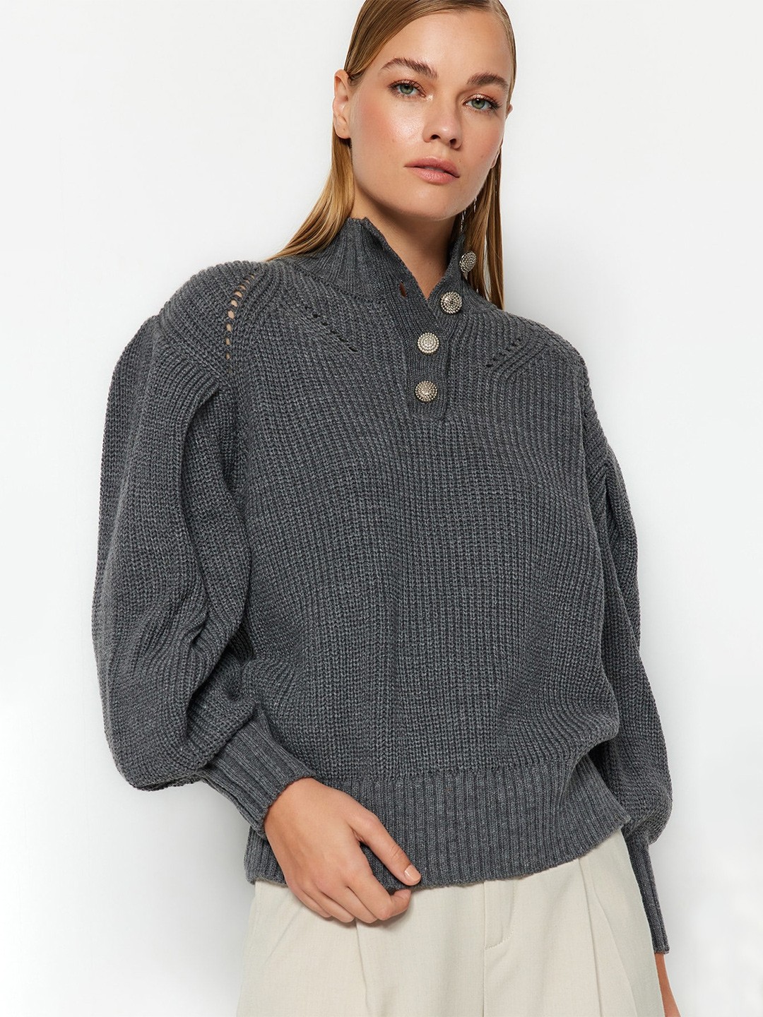 

Trendyol Mock Neck Cable Knit Self Design Ribbed Pullover, Grey