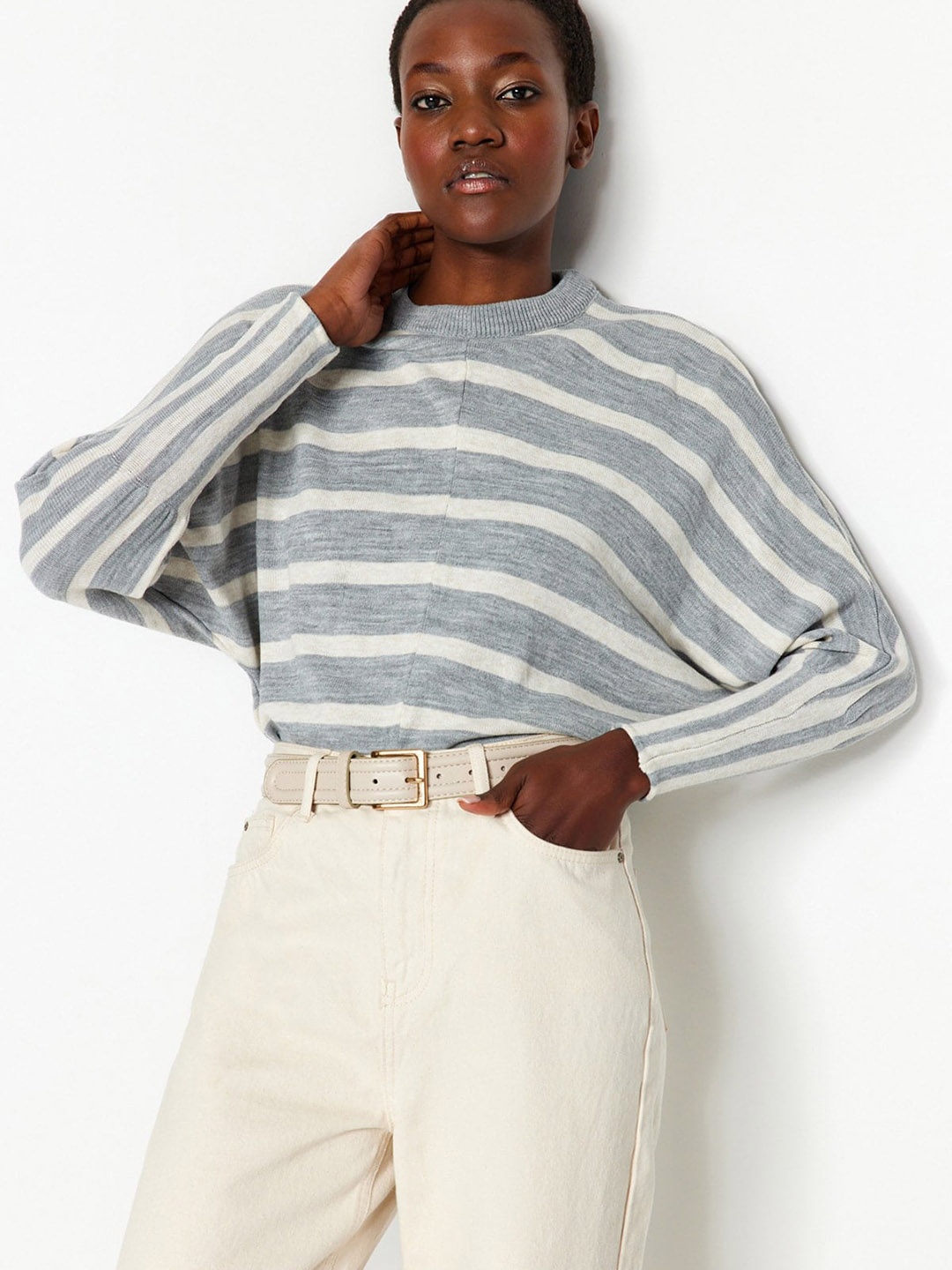 

Trendyol Striped Acrylic Pullover, Grey