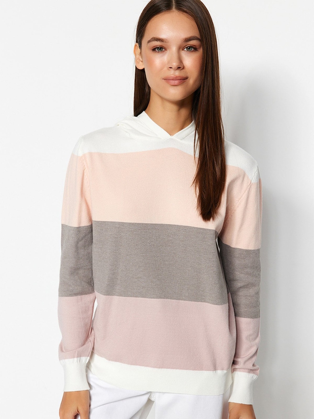 

Trendyol Striped Hooded Pullover, Peach