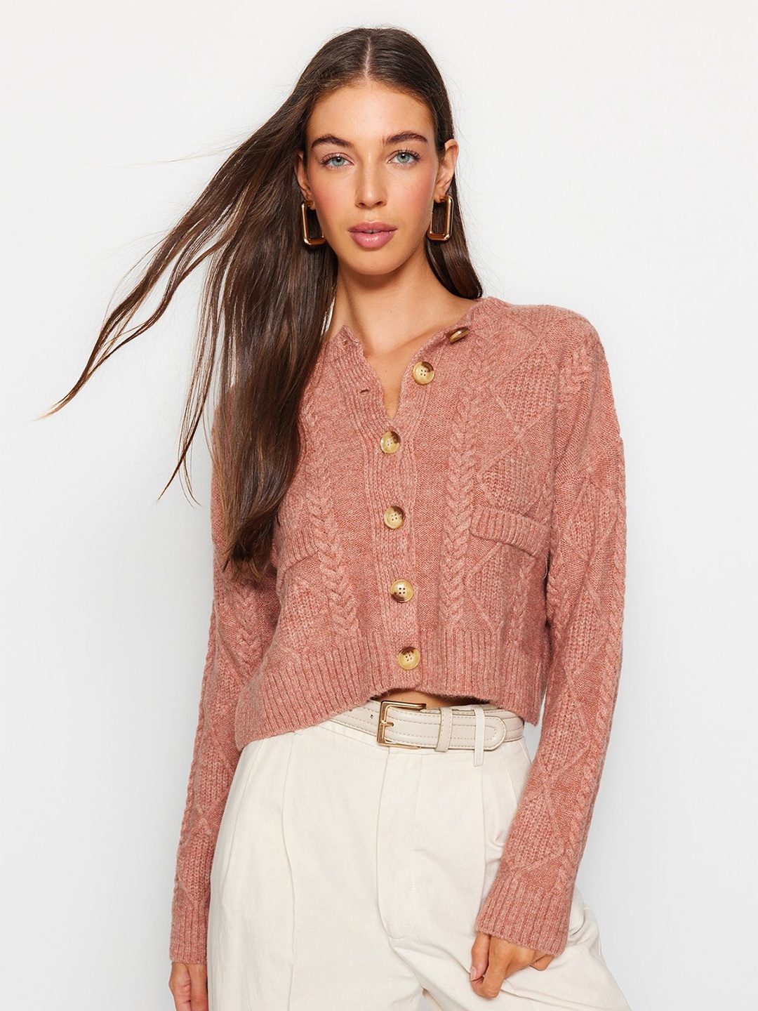 

Trendyol Cable Knit Self Design Crop Cardigan Sweater, Pink