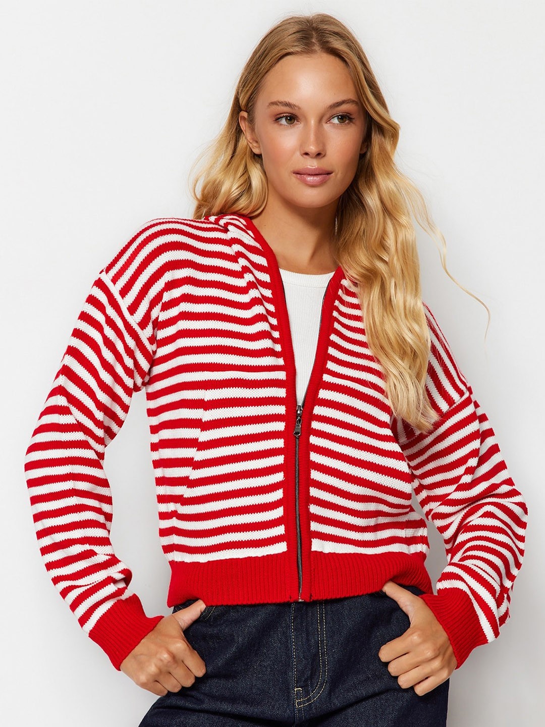 

Trendyol Striped Hooded Acrylic Cardigan Sweater, Red