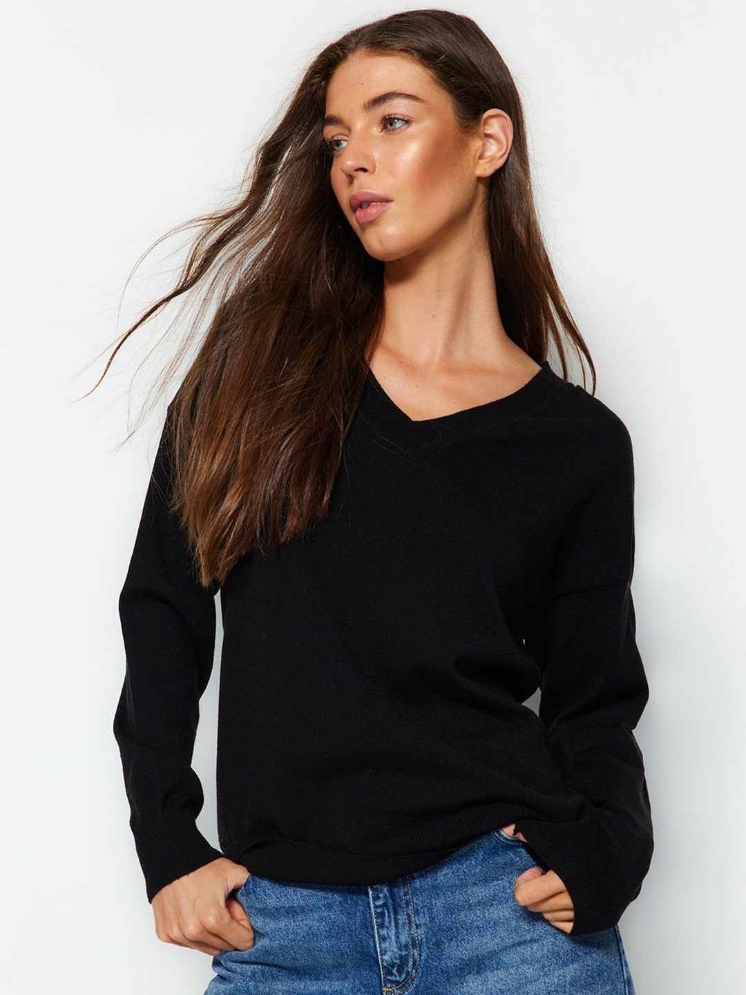 

Trendyol V-Neck Ribbed Pullover, Black