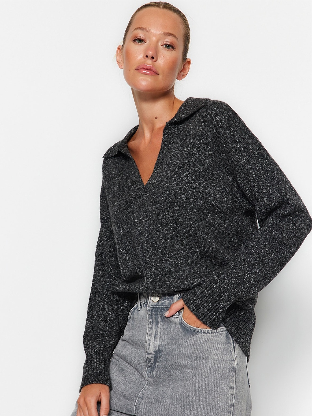 

Trendyol Shirt Collar Pullover Sweater, Grey