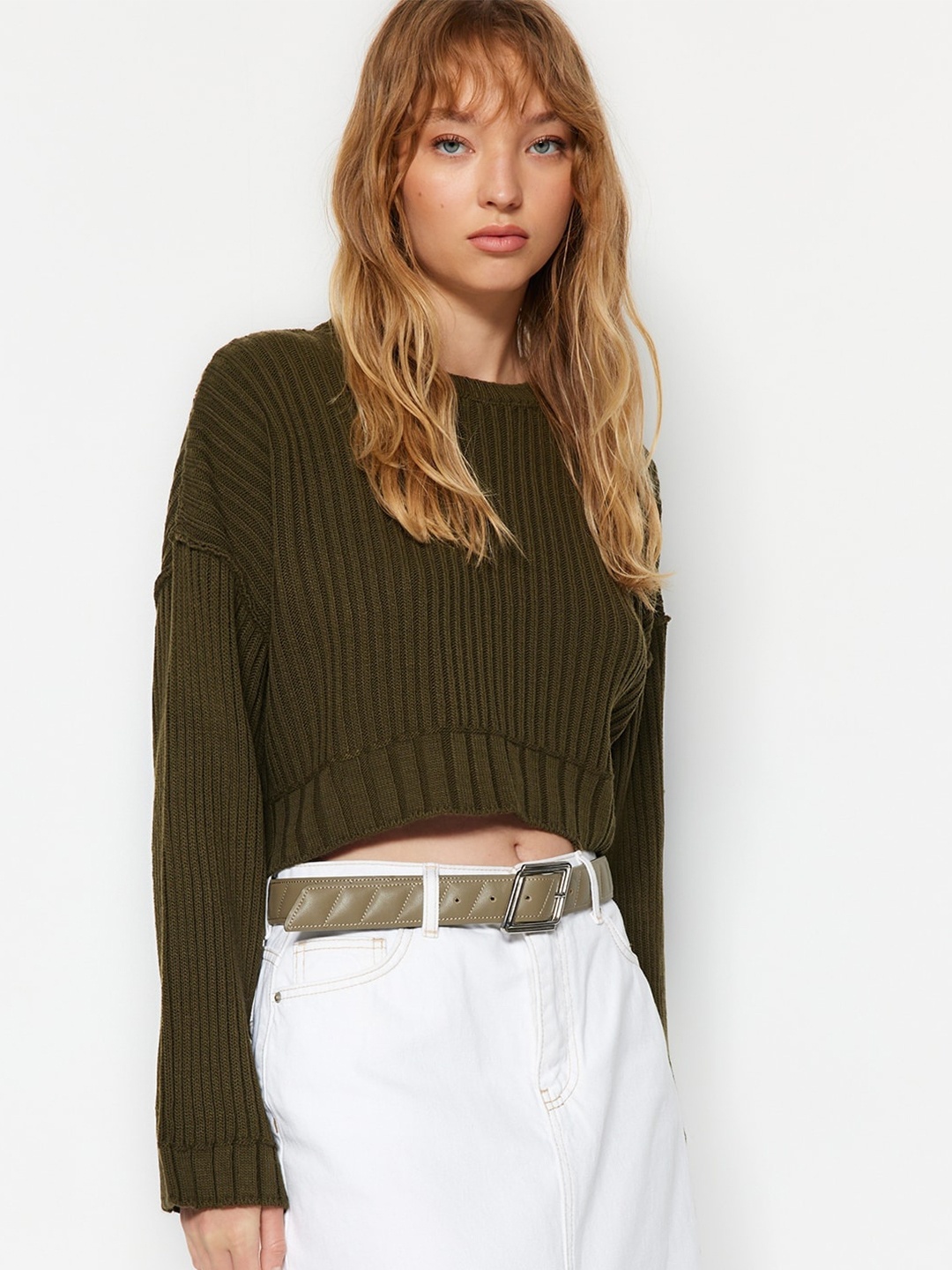 

Trendyol Ribbed Crop Acrylic Pullover Sweater, Khaki