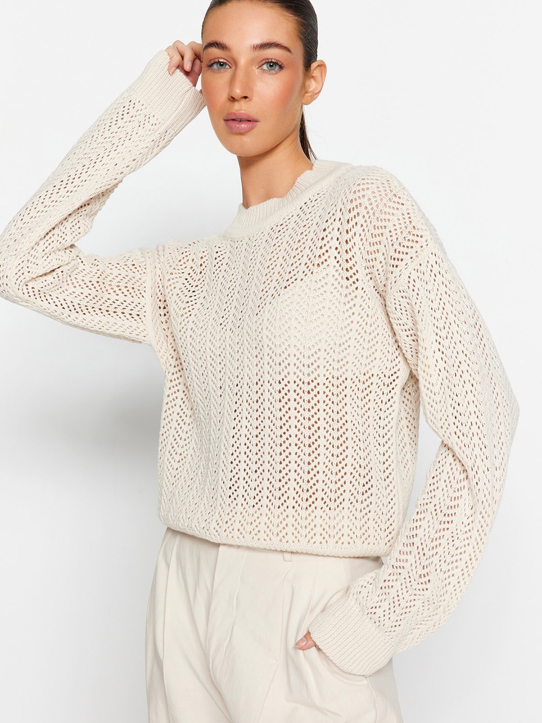 

Trendyol Self Design Acrylic Pullover, Beige