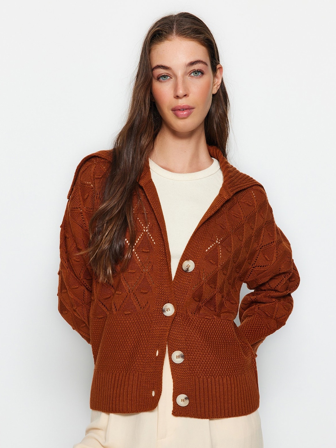 

Trendyol Self Design Cardigan Acrylic Sweater, Brown