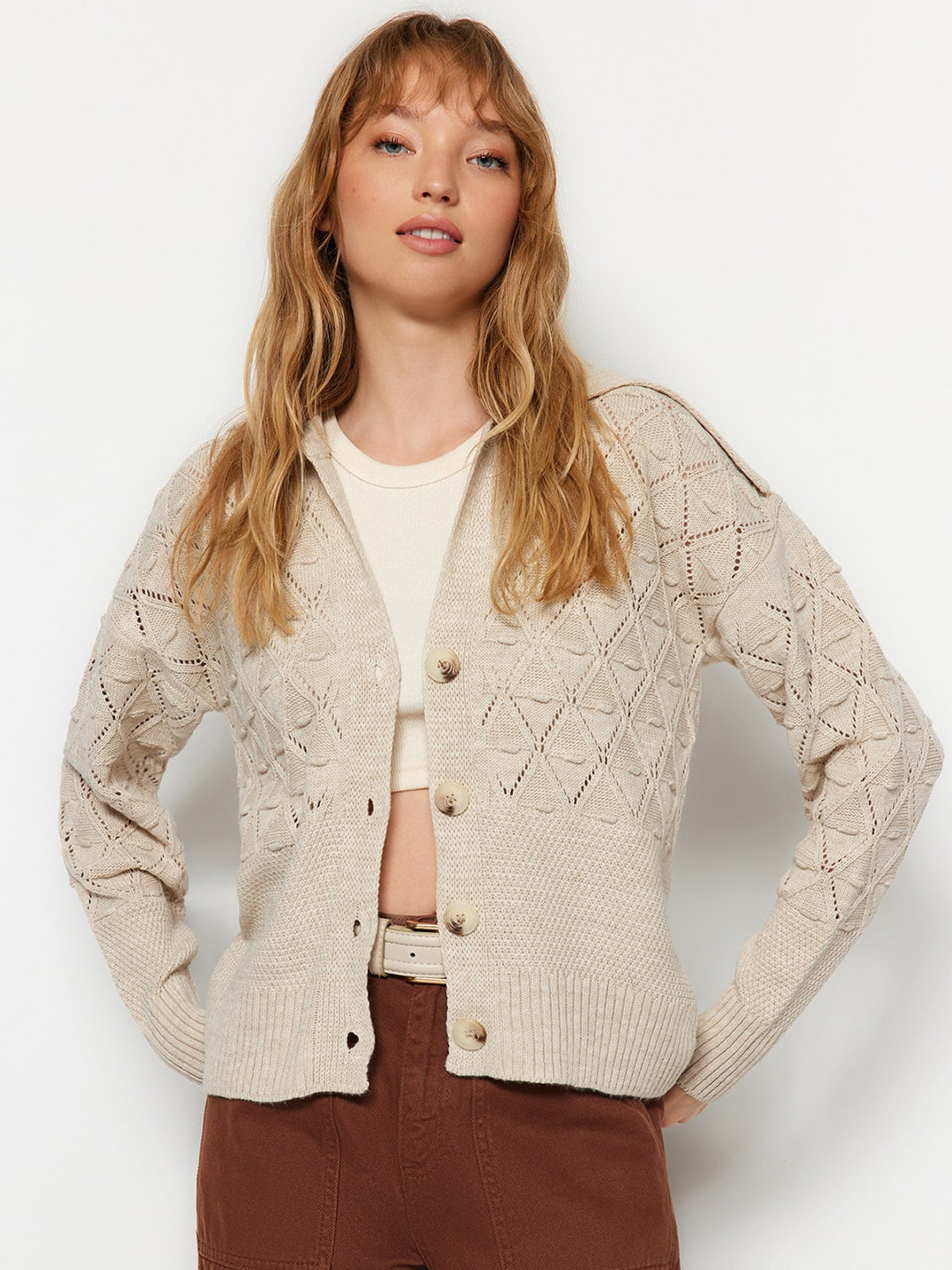 

Trendyol Open Knit Design Front Open Acrylic Cardigan, Beige
