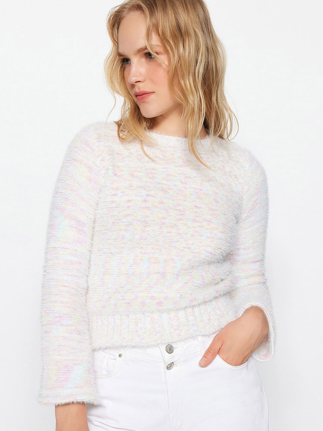 

Trendyol Self Design Round Neck Acrylic Pullover, Pink