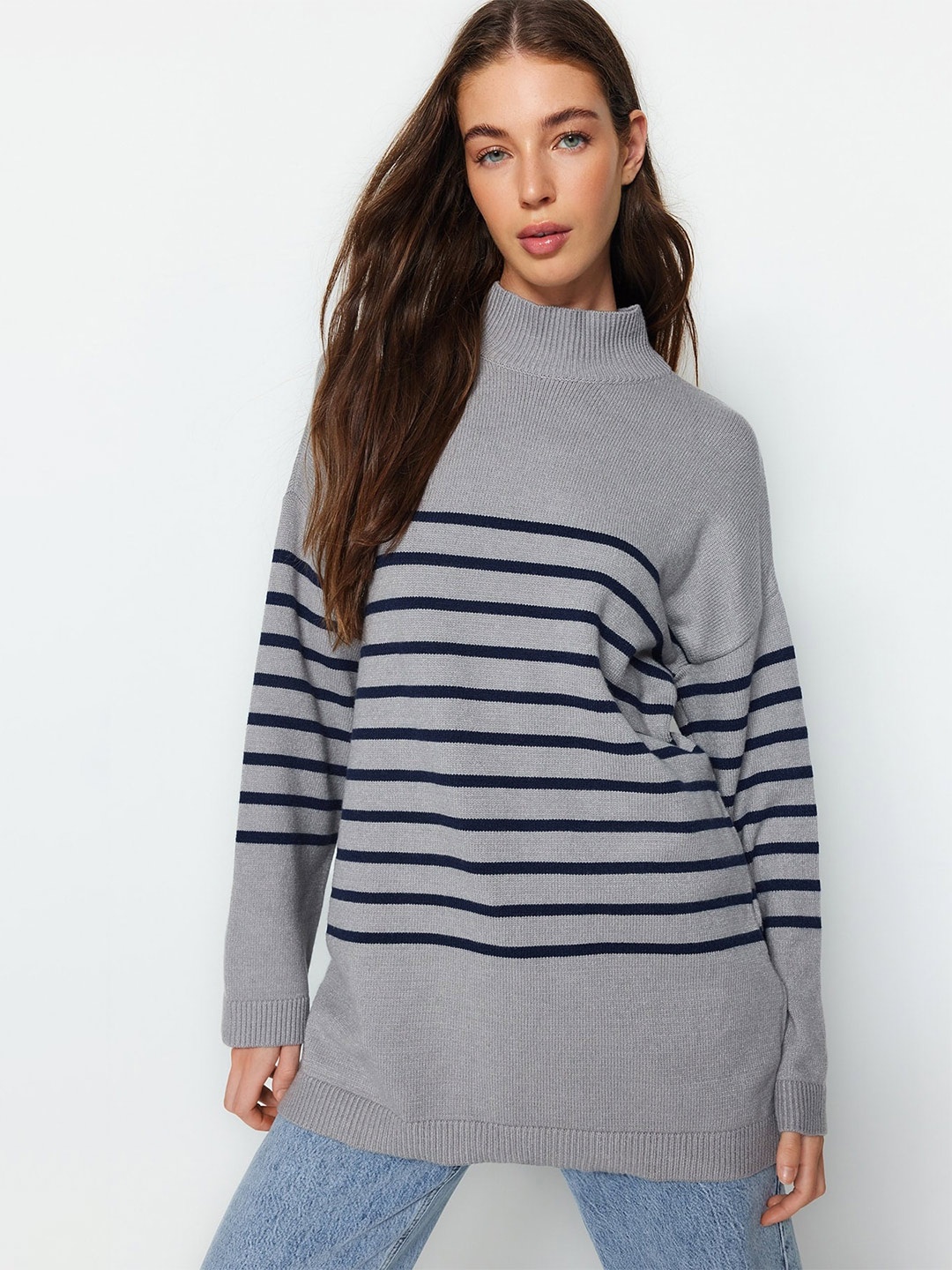 

Trendyol Striped Turtle Neck Pullover, Grey