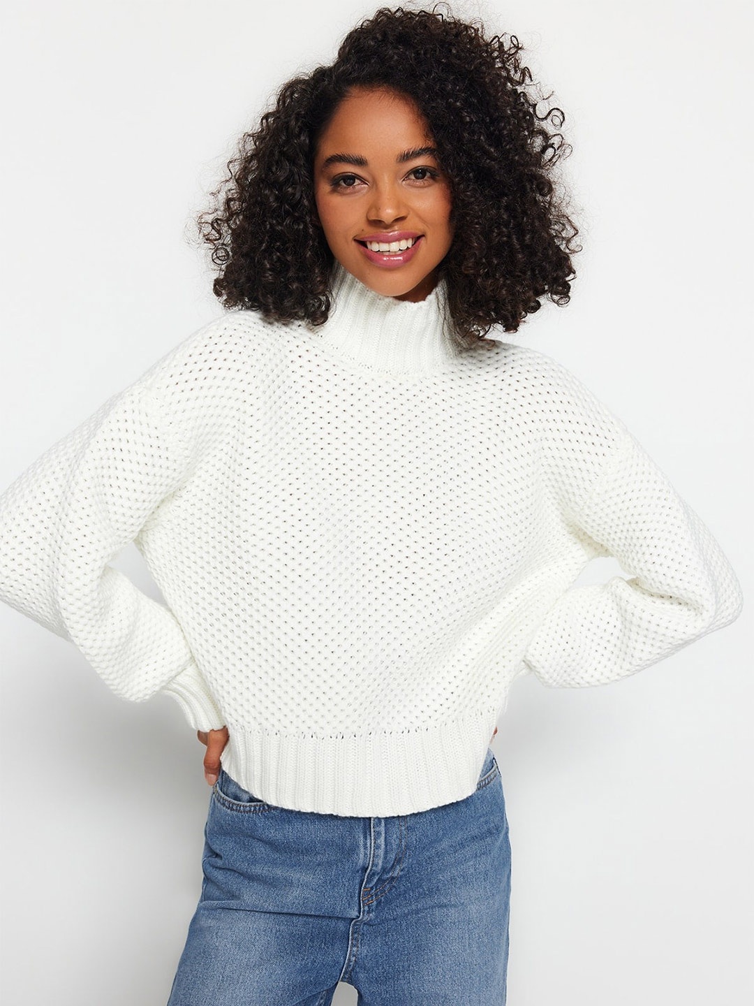 

Trendyol Turtle Neck Open Knit Acrylic Pullover, White