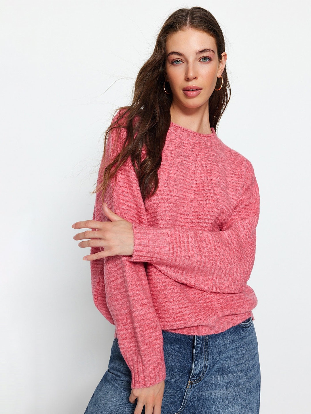 

Trendyol Self Design Round Neck Acrylic Pullover, Peach