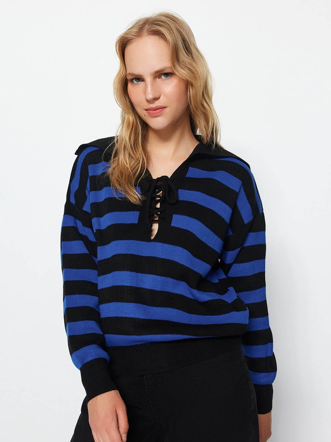 

Trendyol Striped Shirt Collar Acrylic Pullover, Blue