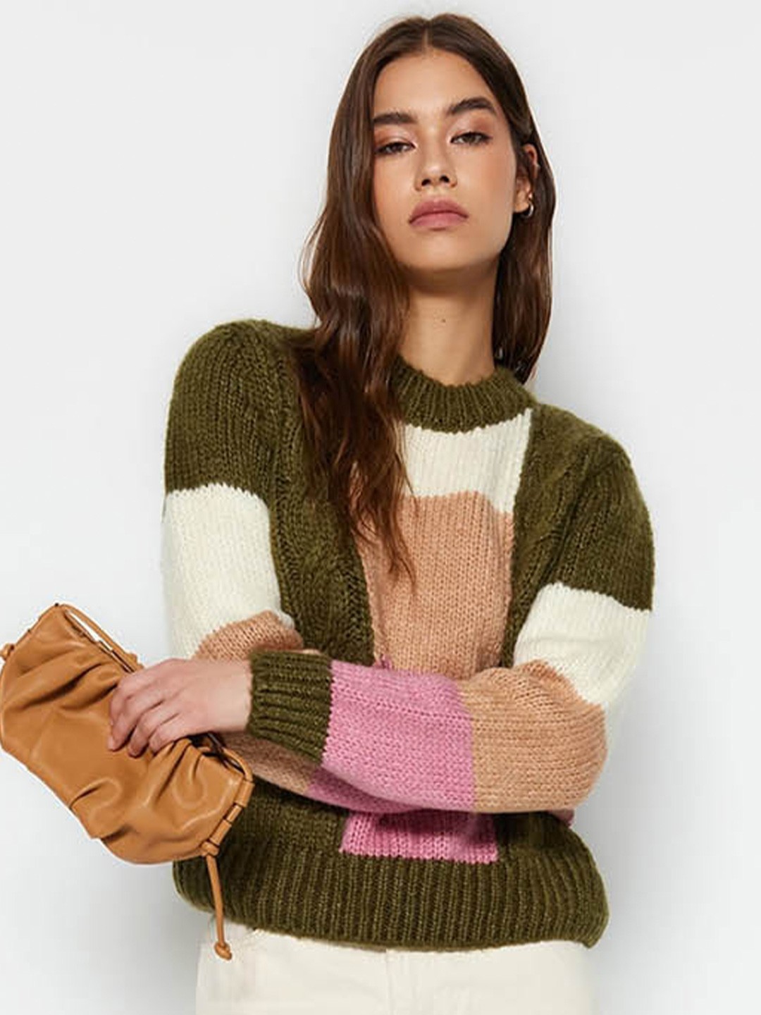 

Trendyol Colourblocked Round Neck Pullover, Khaki