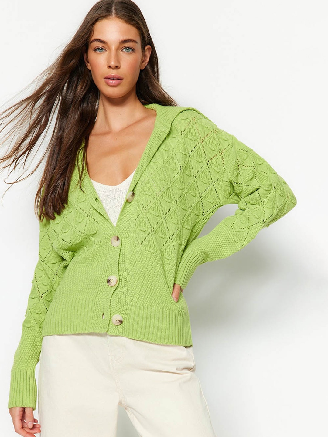 

Trendyol Open Knit Self Design Acrylic Cardigan, Green