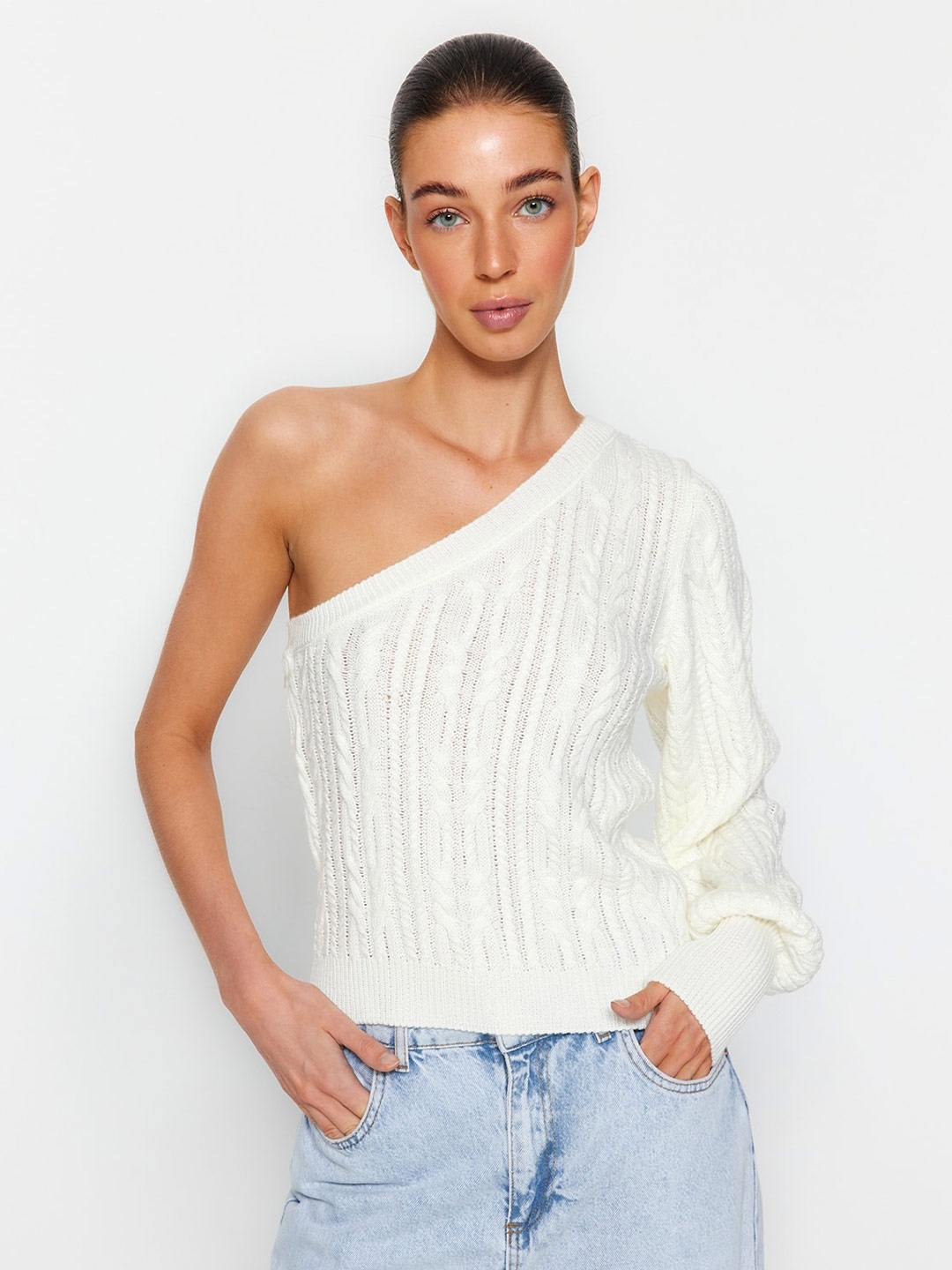 

Trendyol Self Design One Shoulder Acrylic Pullover, White