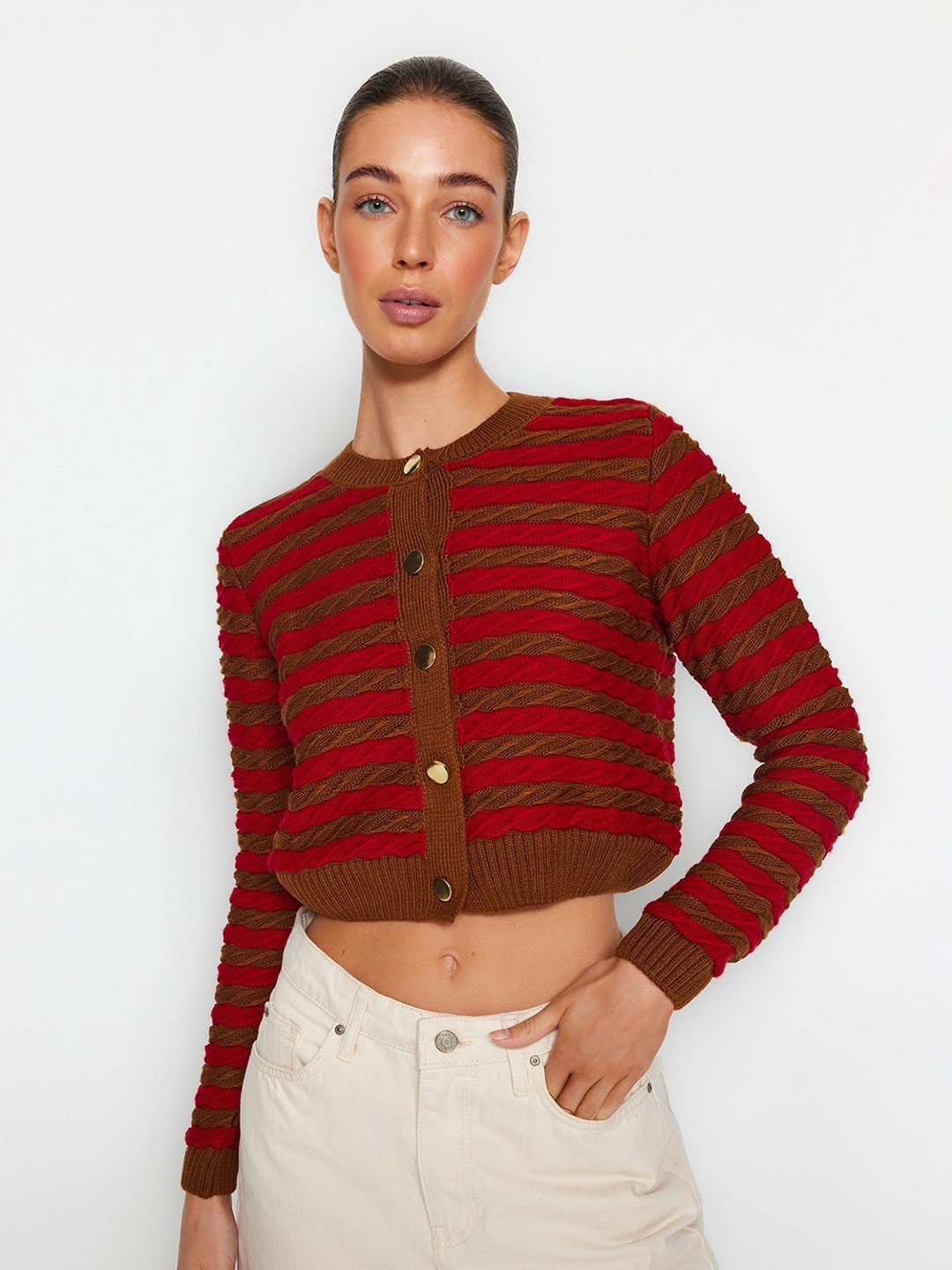 

Trendyol Striped Acrylic Crop Cardigan Sweaters, Red