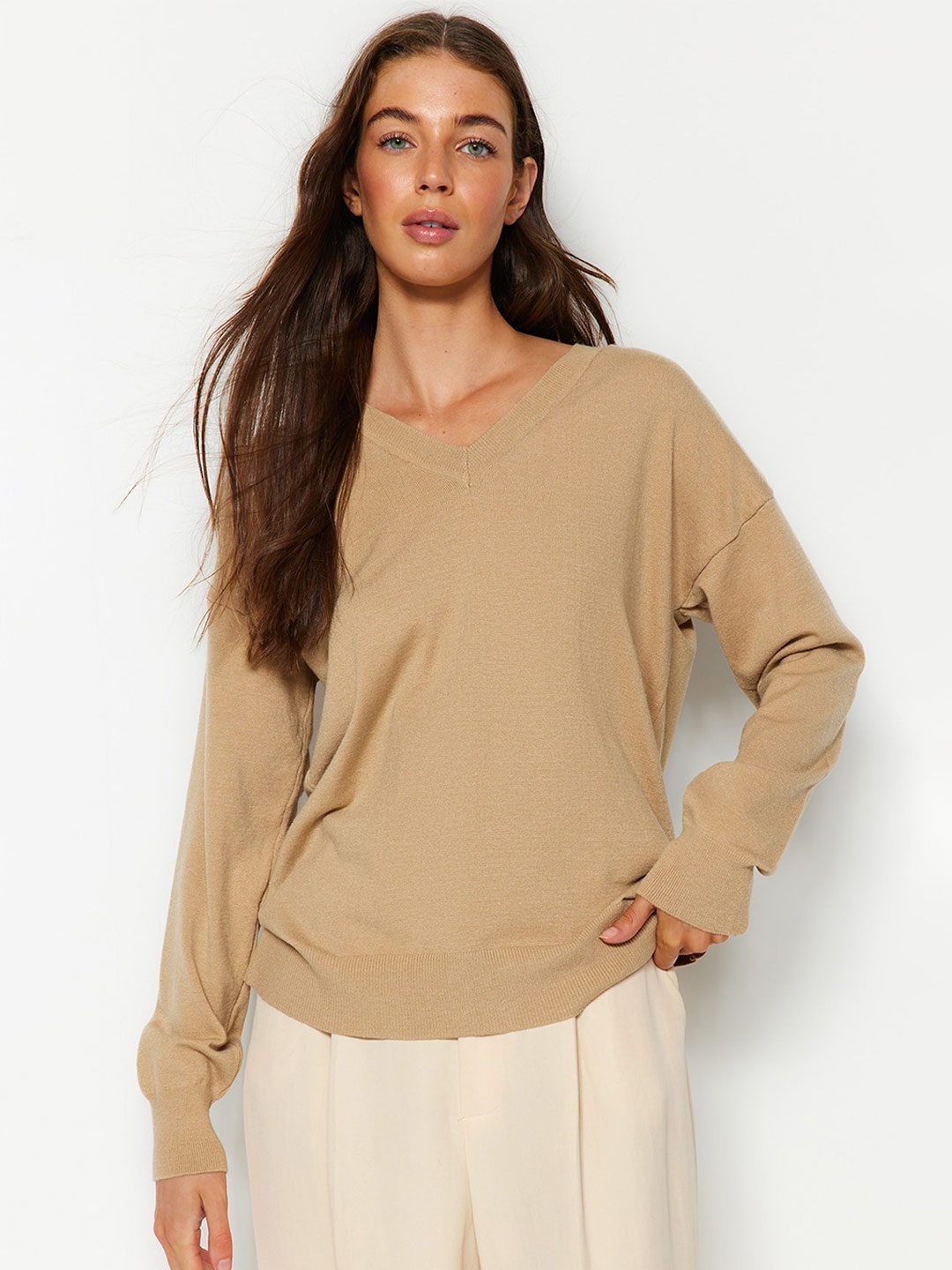 

Trendyol V-Neck Long Sleeves Longline Pullover Sweatshirts, Beige