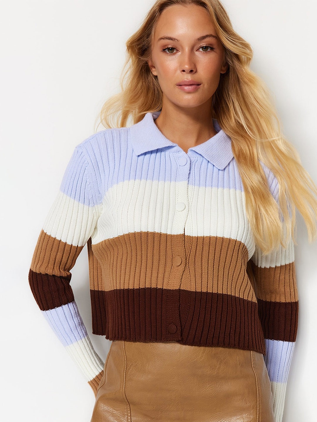 

Trendyol Striped Ribbed Crop Cardigan, Blue
