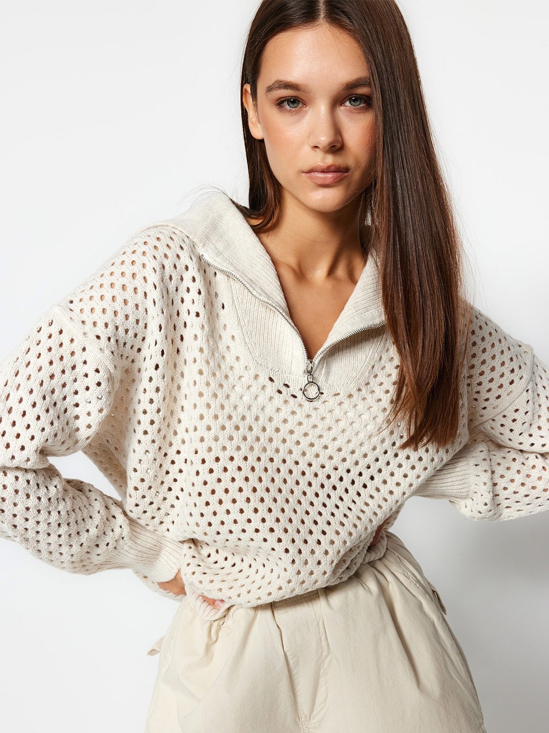 

Trendyol Self Design Shawl Collar Pullover Sweater, White